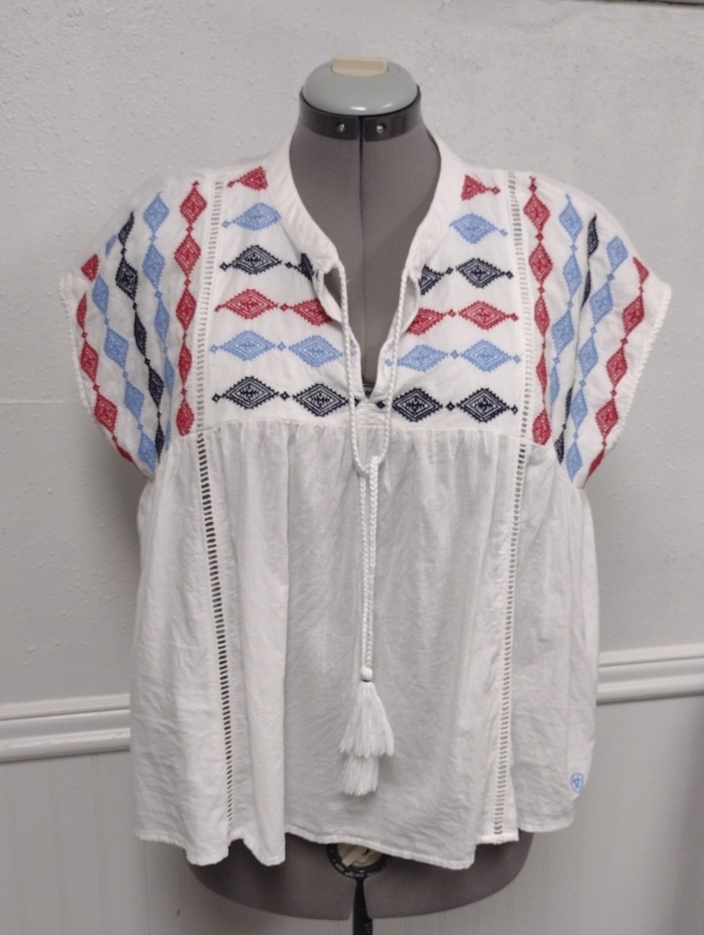 Ariat White Embroidered Peasant Tunic with Red & Light Blue Accents
